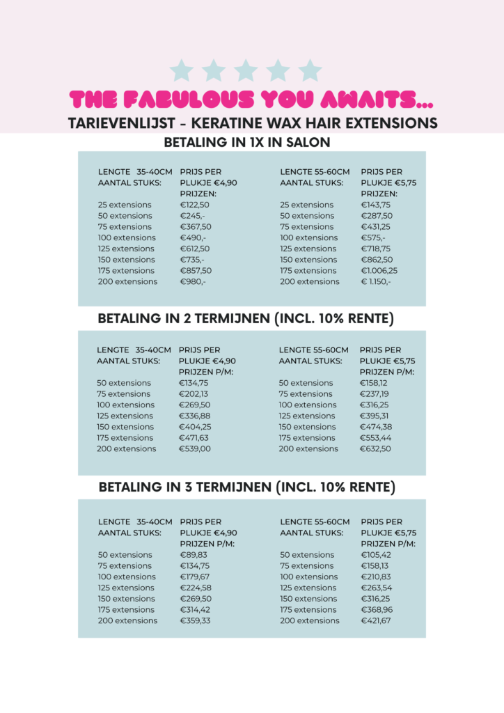 Prijzen - KERATINE WAX HAIR EXTENSIONS